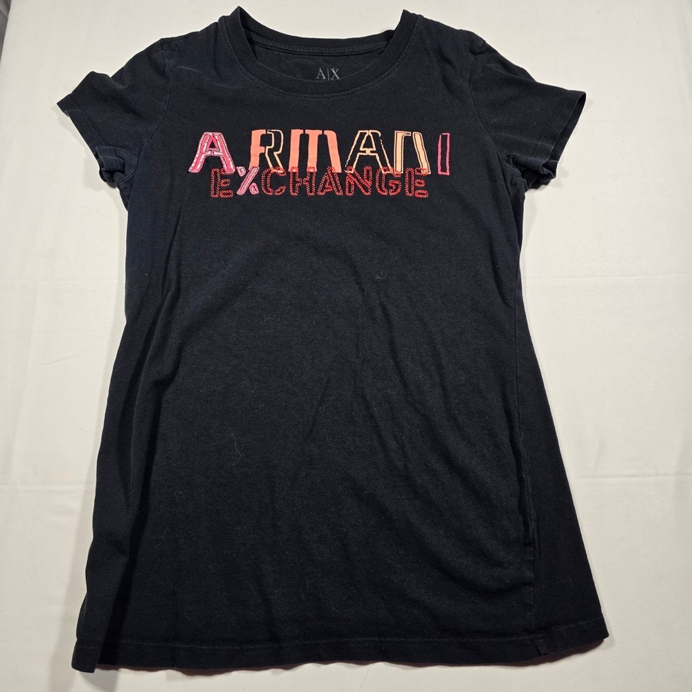 Y2k Armani Exchange Womens Black grunge Shirt Embroidered Crew Neck Medium‎
